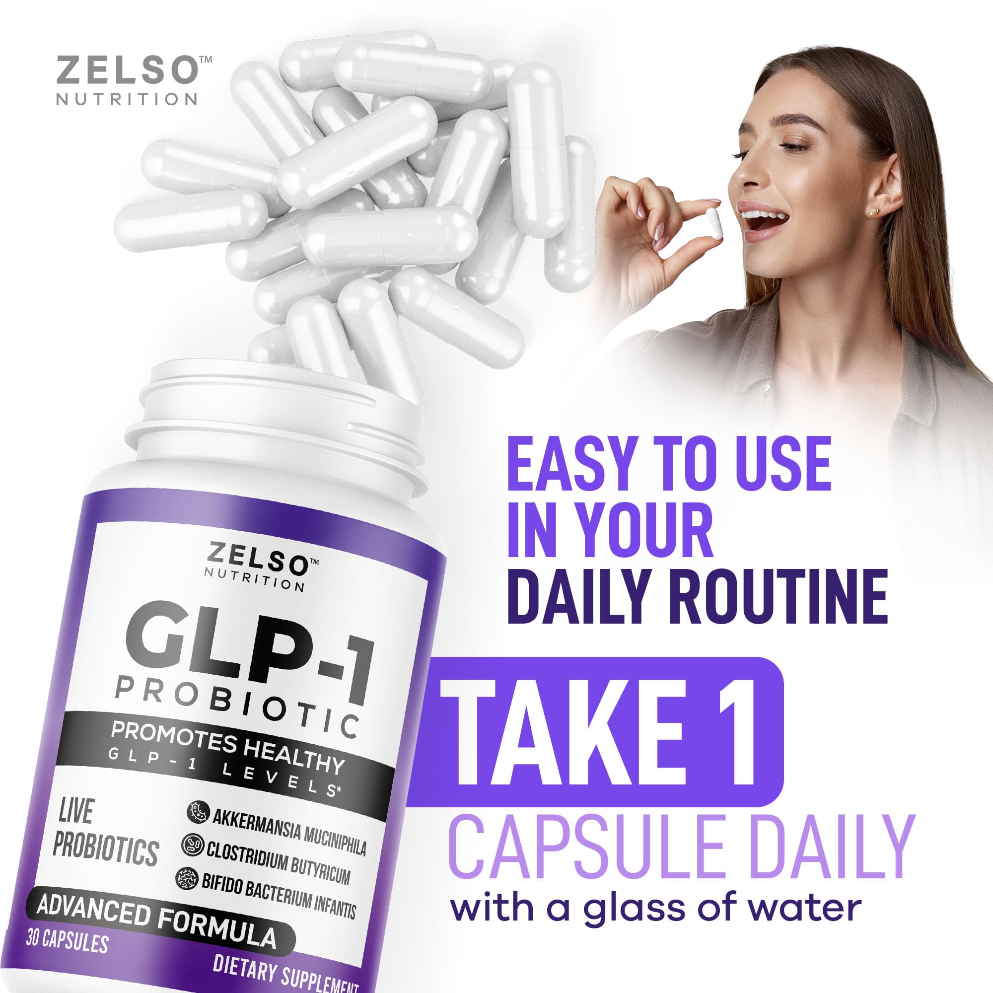 ZELSO packaging box highlighting 3-pack value and GLP-1 probiotic.