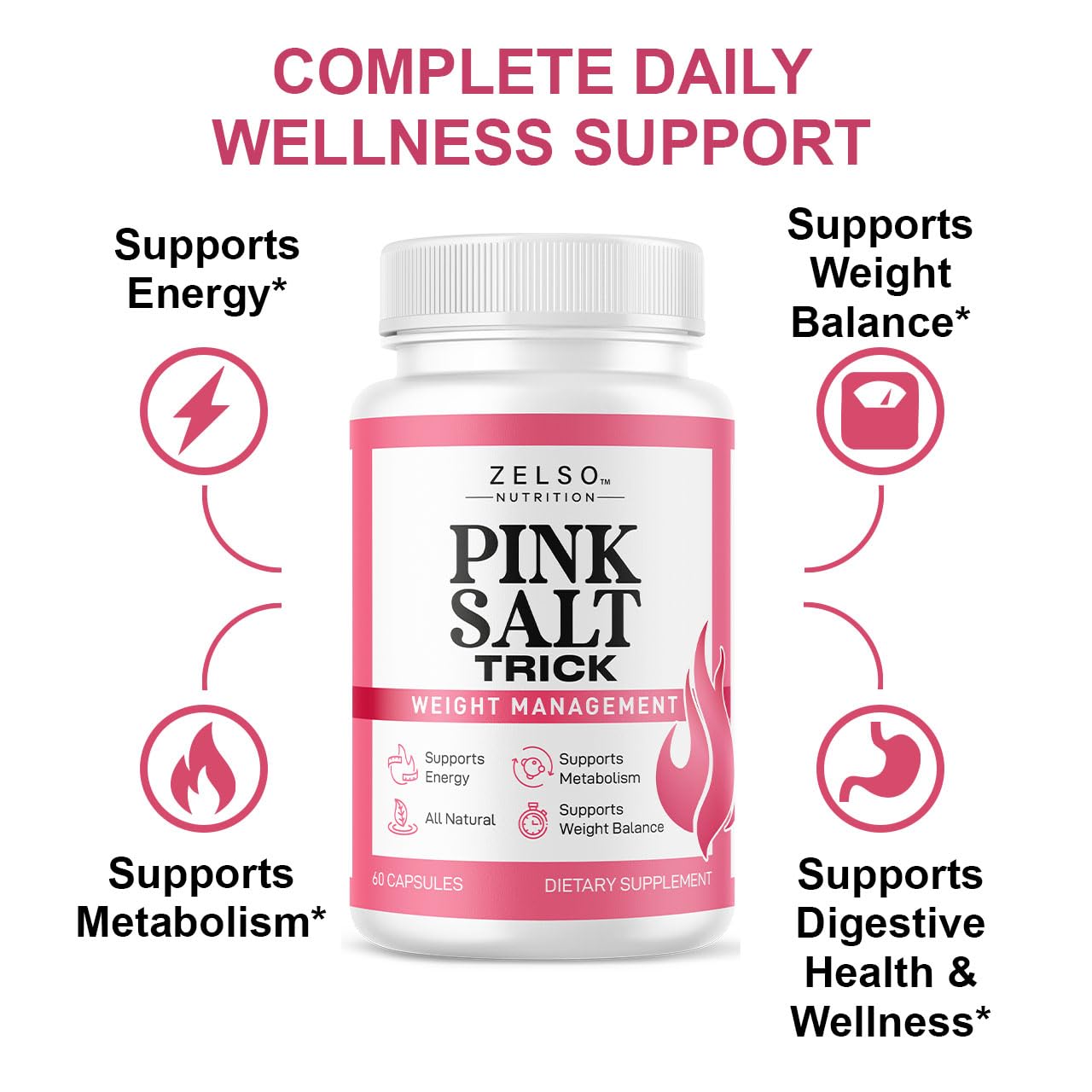 ZELSO Pink Salt Trick label highlighting USA-made, clean-label quality.