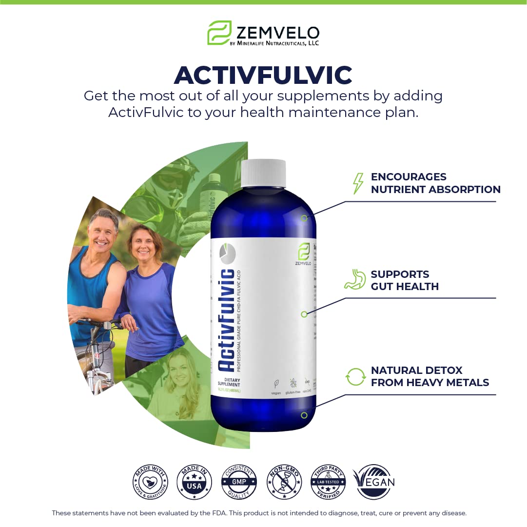 Close-up of Zemvelo ActivFulvic label noting purity and fermentation process.