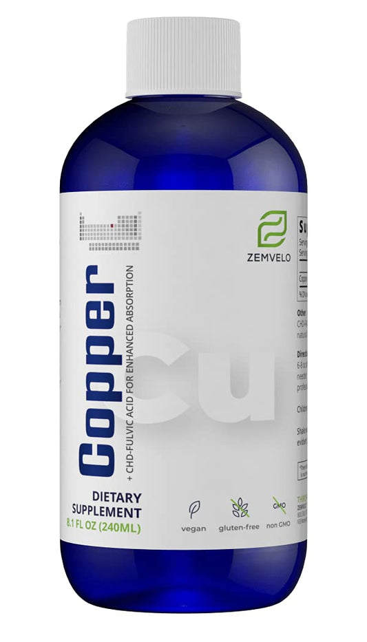 Zemvelo Liquid Ionic Chelated Copper bottle highlights natural copper for connective tissue support and skin health.