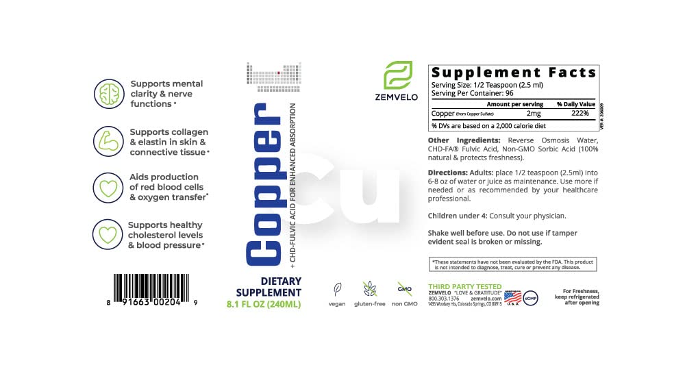 Close-up of Zemvelo copper drops pouring for easy daily intake and potential mood balance.