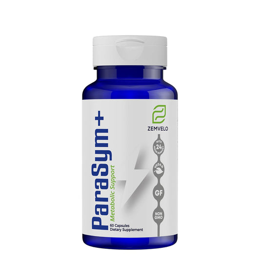 Zemvelo ParaSym+ bottle close-up highlighting calm metabolic support and everyday wellness