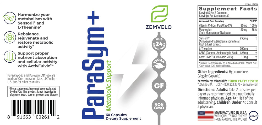 Zemvelo ParaSym+ label and packaging showing nutrient blend for nervous system support