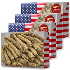 Zen Ginseng hand-selected American ginseng root box front, premium flavor and daily energy support.