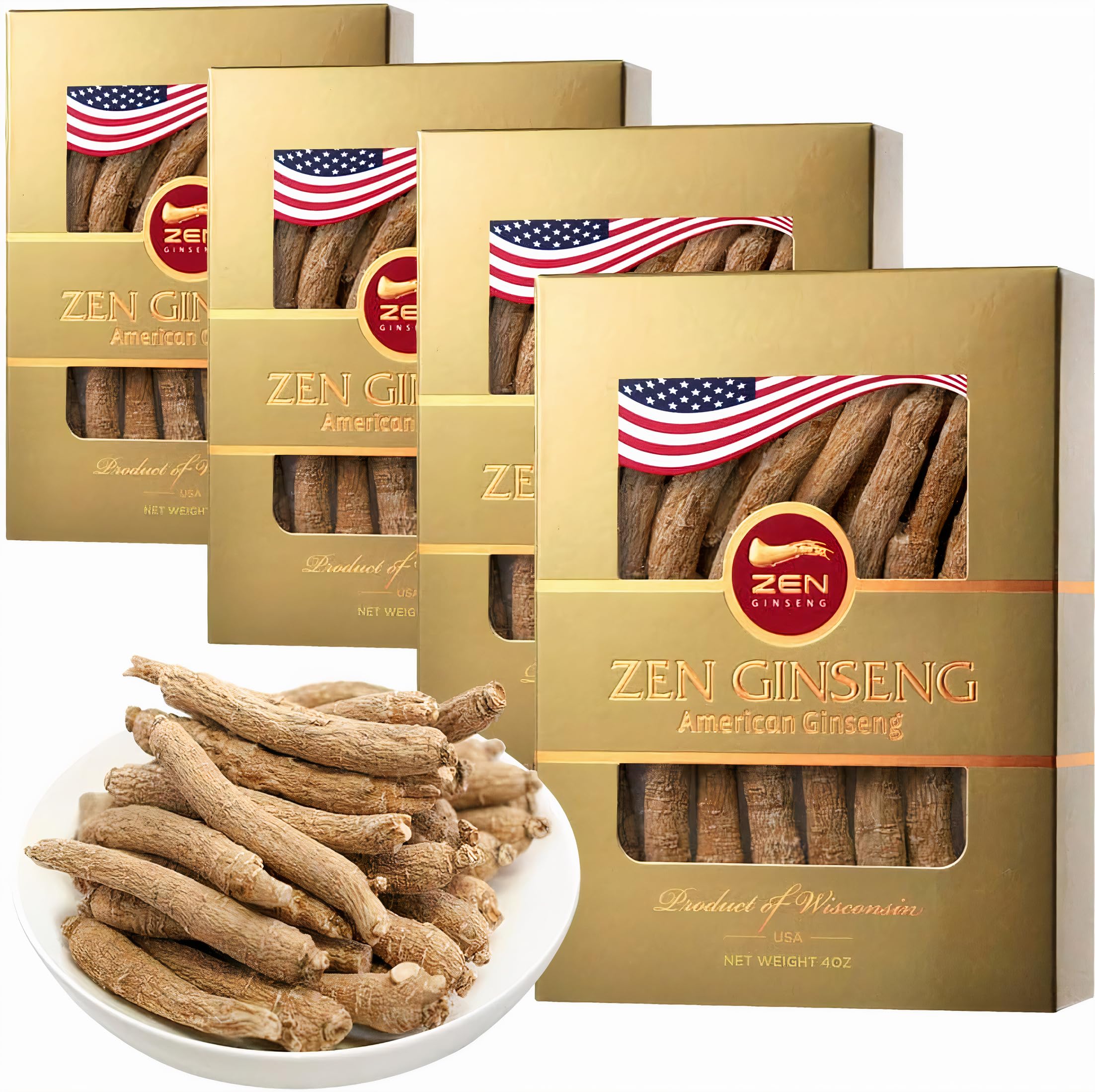 Zen Ginseng Wisconsin American ginseng root in a four-box set for daily use