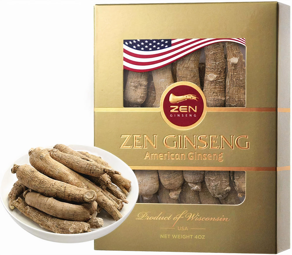 Zen Ginseng Wisconsin box shows a premium 4 oz ginseng product for daily energy
