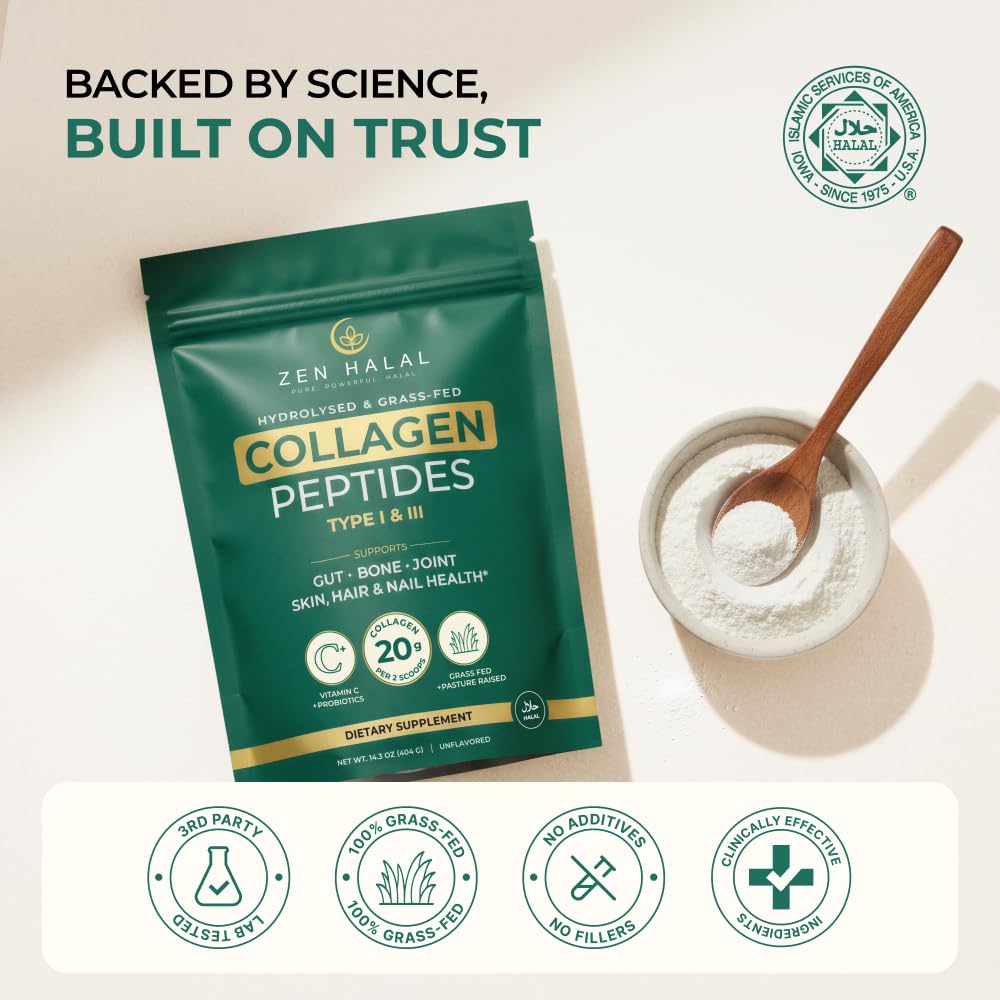 ZEN HALAL Collagen Powder on kitchen counter highlights versatile use across meals