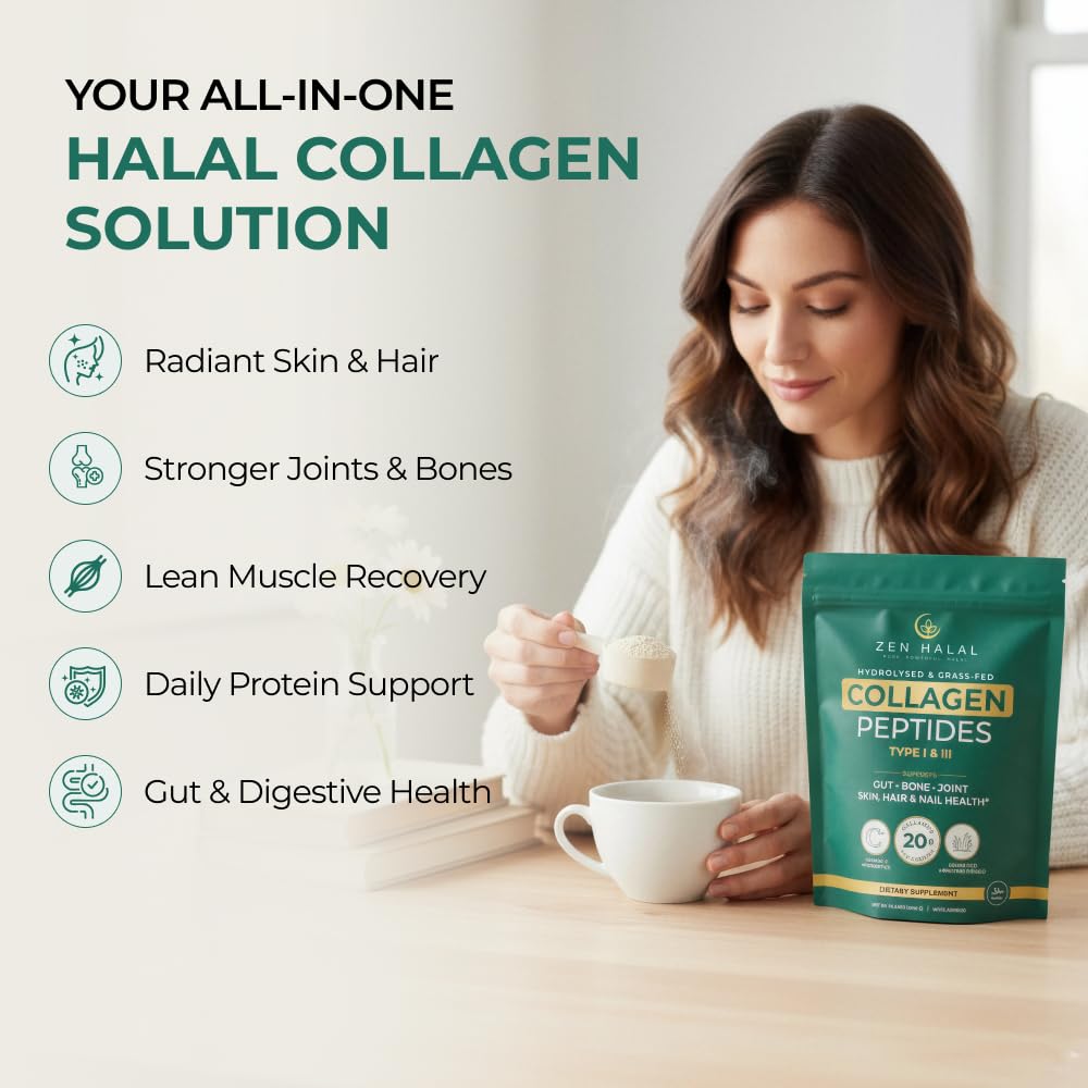 ZEN HALAL Collagen Powder label close-up emphasizes halal sourcing and purity