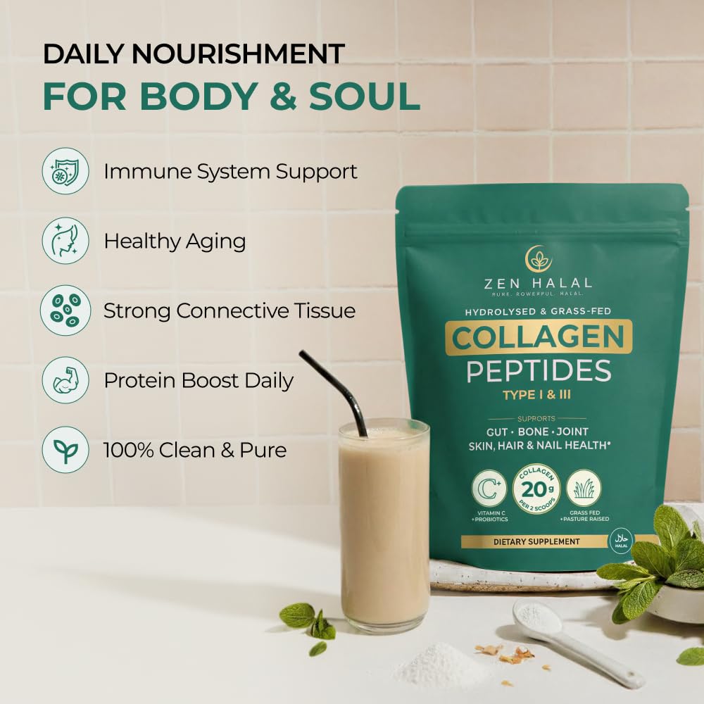 ZEN HALAL Collagen Powder packaging front showcases grass-fed halal-certified protein