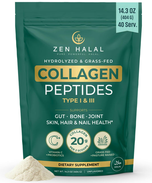 ZEN HALAL Collagen Powder bottle highlights unflavored formula for skin and joints support