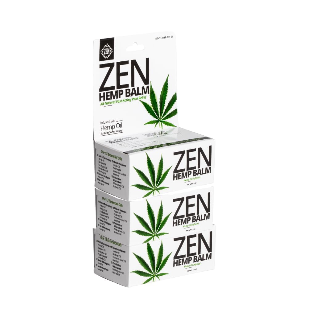 ZEN hemp balm packaging in a glass jar highlighting natural oils for fast relief.