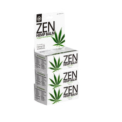 ZEN hemp balm packaging in a glass jar highlighting natural oils for fast relief.