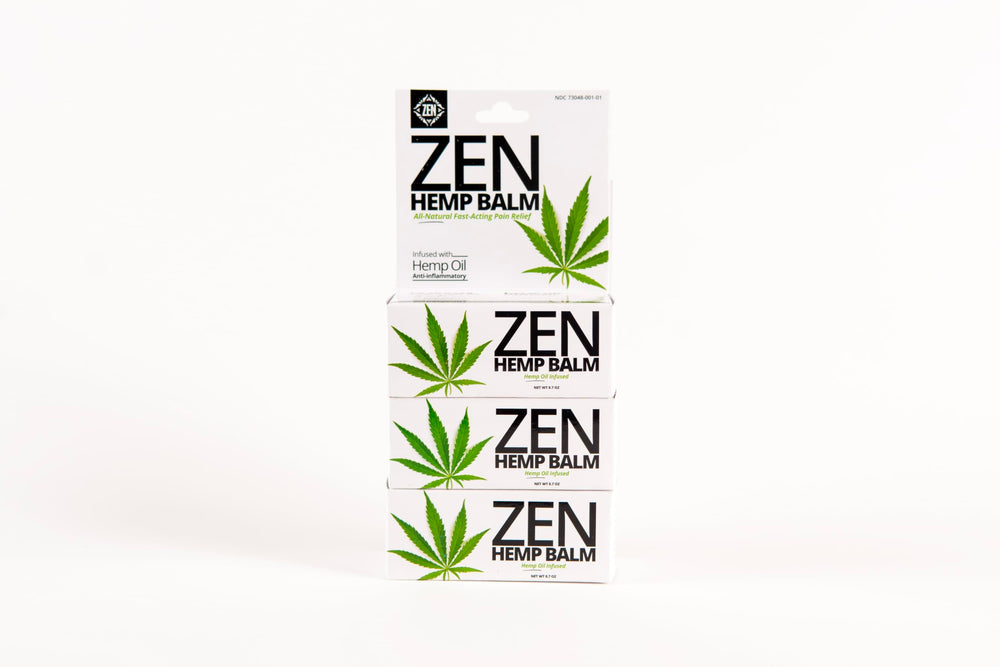 ZEN hemp balm trio pack of three with 11 essential oils for targeted comfort.