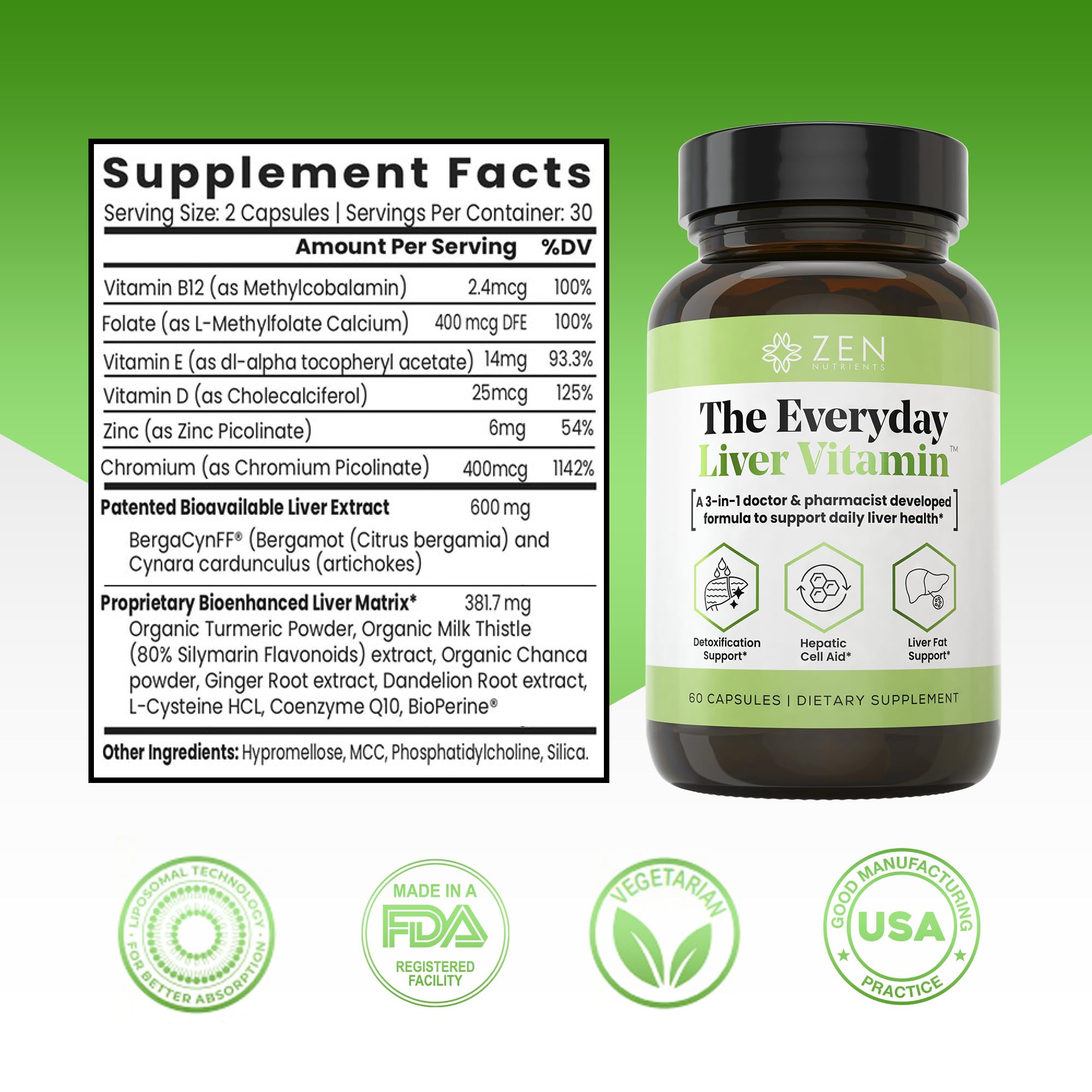 Zen Nutrients Everyday Liver Vitamin ingredients close-up highlighting Bergacyn FF.