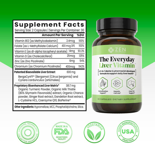 Zen Nutrients Everyday Liver Vitamin ingredients close-up highlighting Bergacyn FF.