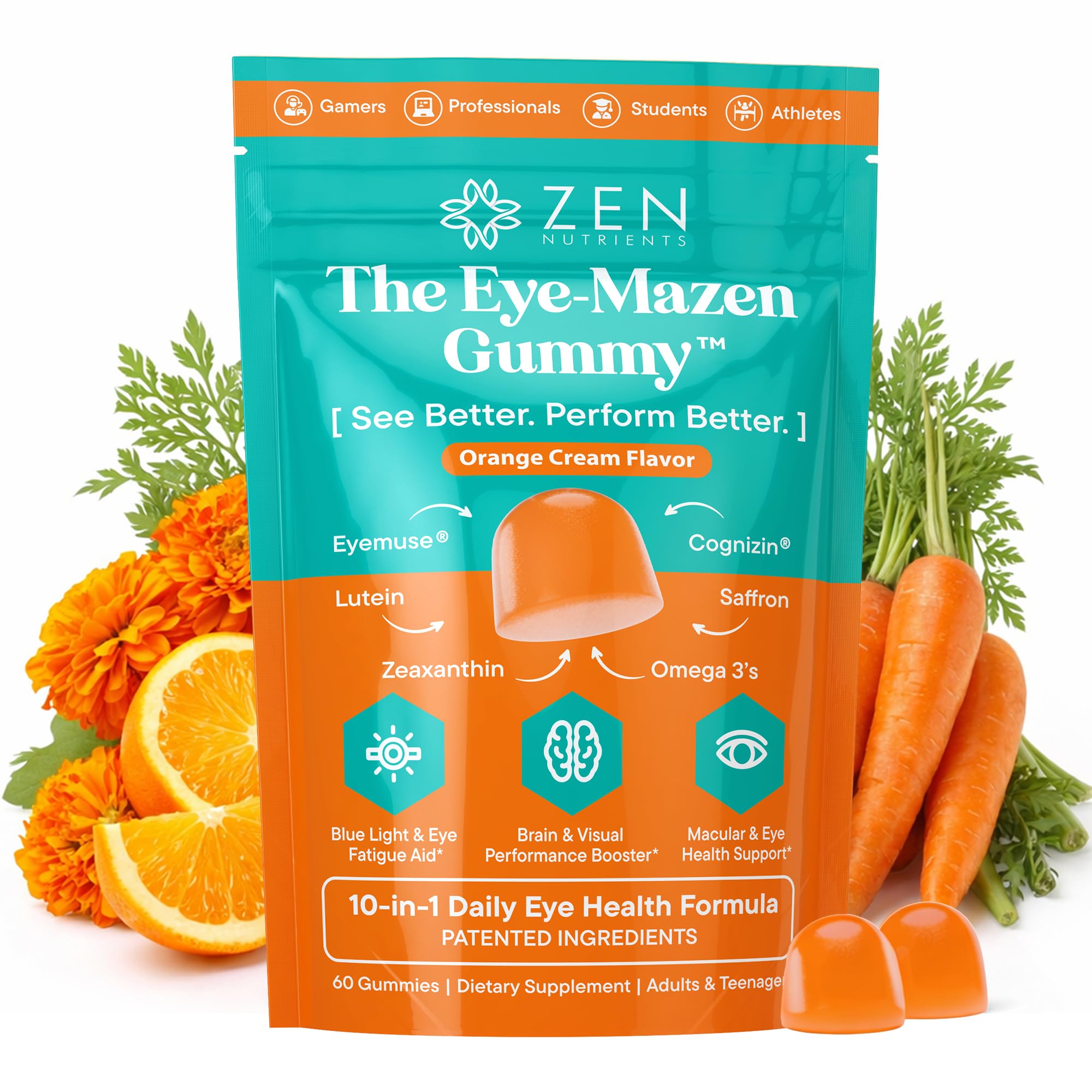 Zen Nutrients Eye-Mazen bottle on a desk, promoting screen-time eye comfort.