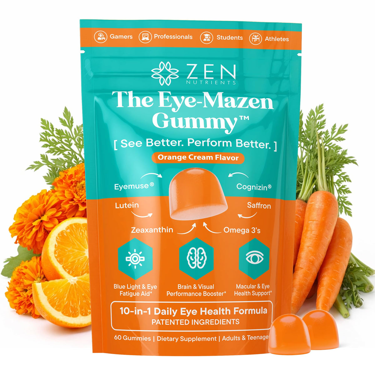 Zen Nutrients Eye-Mazen bottle on a desk, promoting screen-time eye comfort.