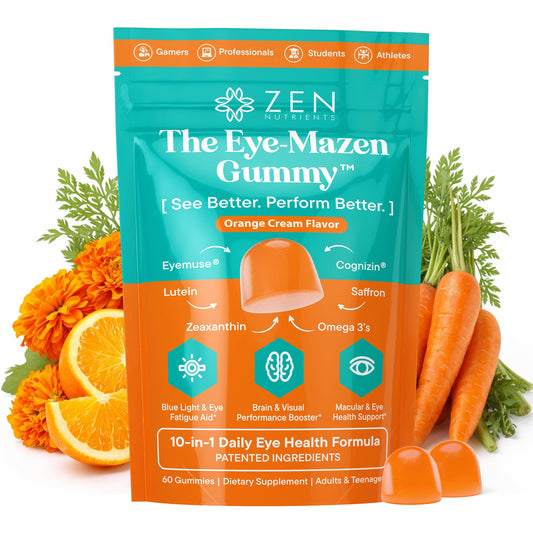 Zen Nutrients Eye-Mazen bottle on a desk, promoting screen-time eye comfort.