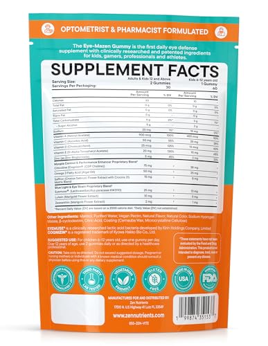 Eye-Mazen packaging box showcasing lutein, zeaxanthin, and omega-3 ingredients.