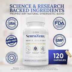 Zen Nutrients NeuraZenX gluten-free and GMO-free packaging detail.