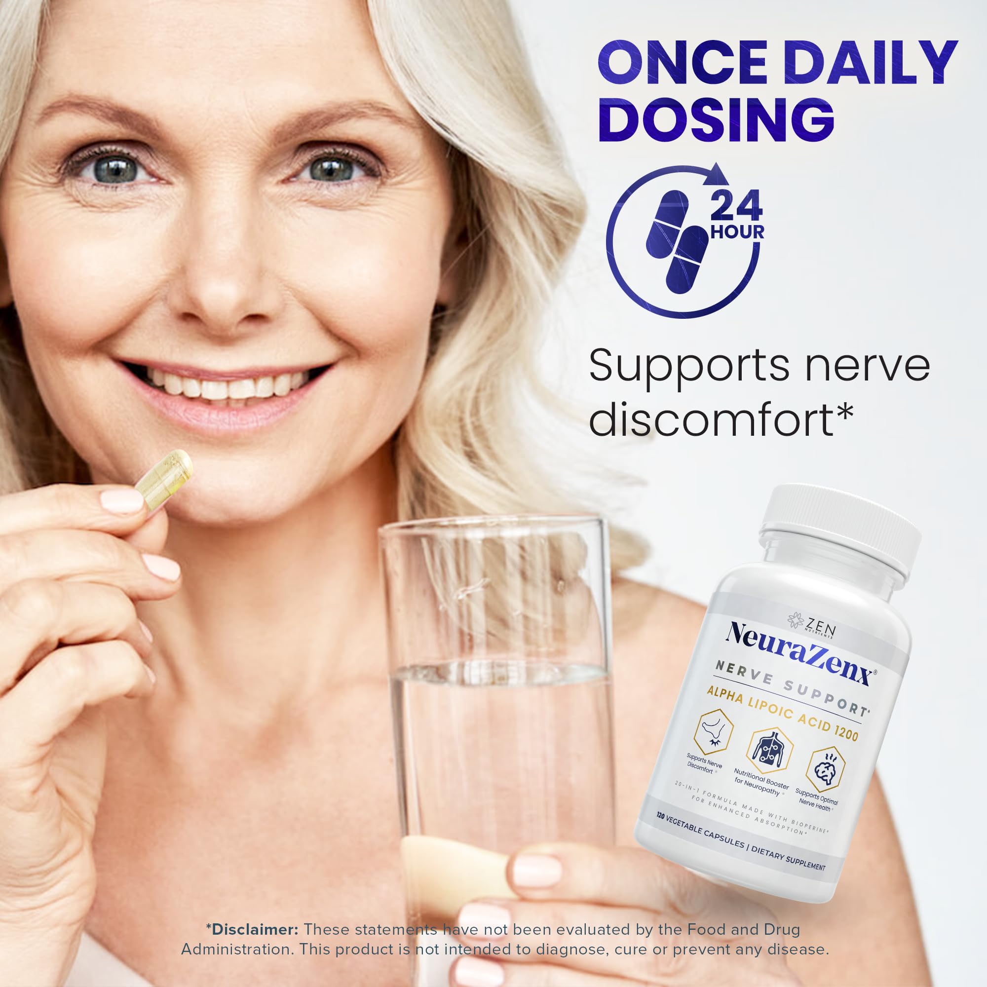 Zen Nutrients NeuraZenX turmeric capsules on white background.