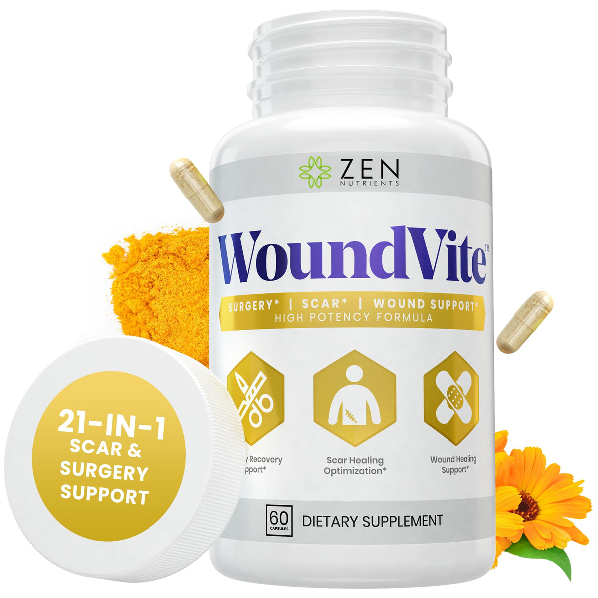 Zen Nutrients WoundVite bottle with label signaling post-surgery recovery support.