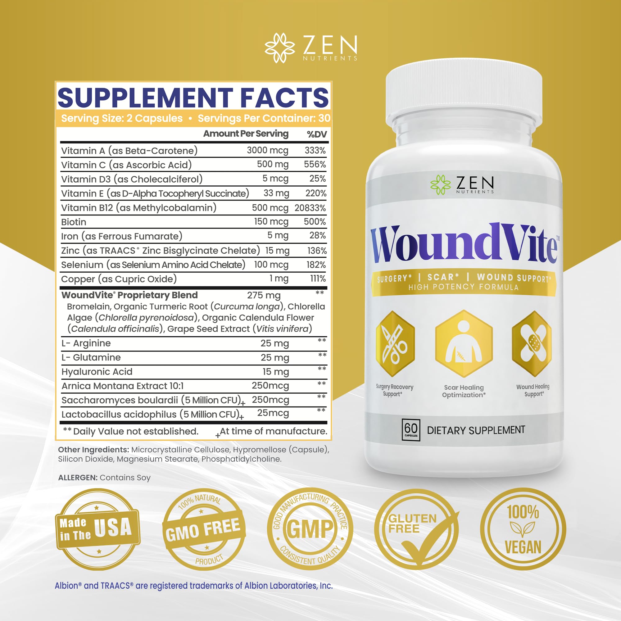WoundVite capsules with label close-up highlighting bromelain and turmeric ingredients.