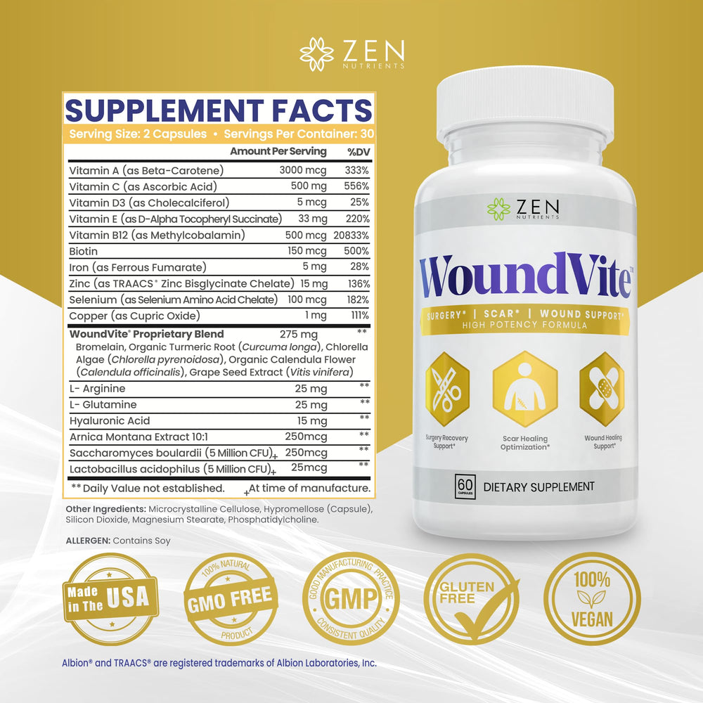 WoundVite capsules with label close-up highlighting bromelain and turmeric ingredients.