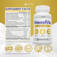 WoundVite capsules with label close-up highlighting bromelain and turmeric ingredients.
