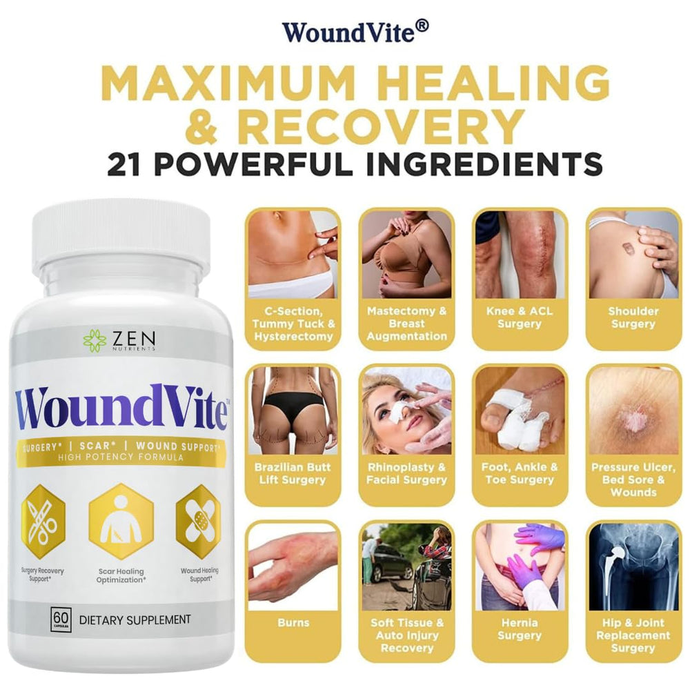 Zen Nutrients WoundVite capsules on a clean surface for daily recovery use.