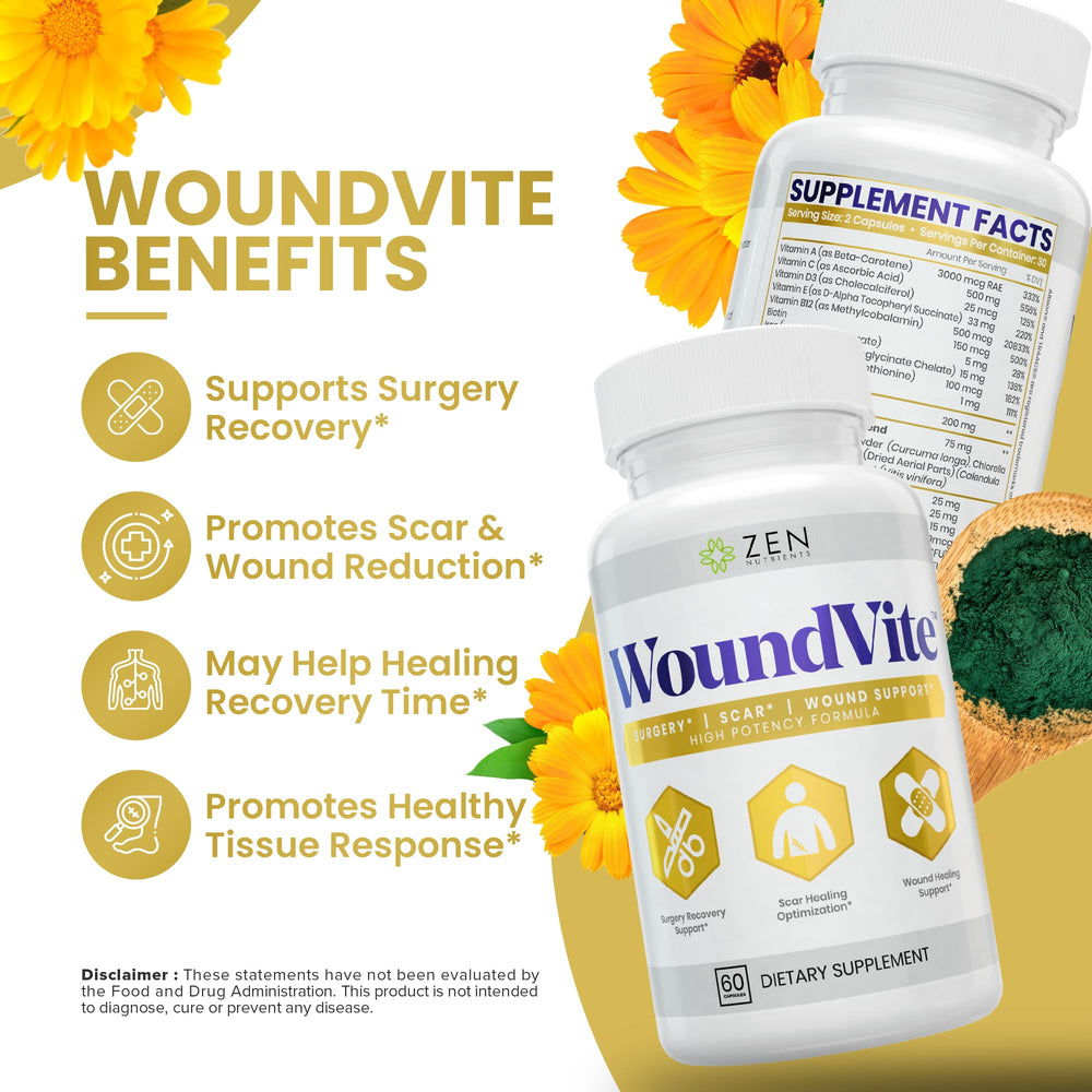 Zen Nutrients WoundVite bottle with green label signaling natural formulation.
