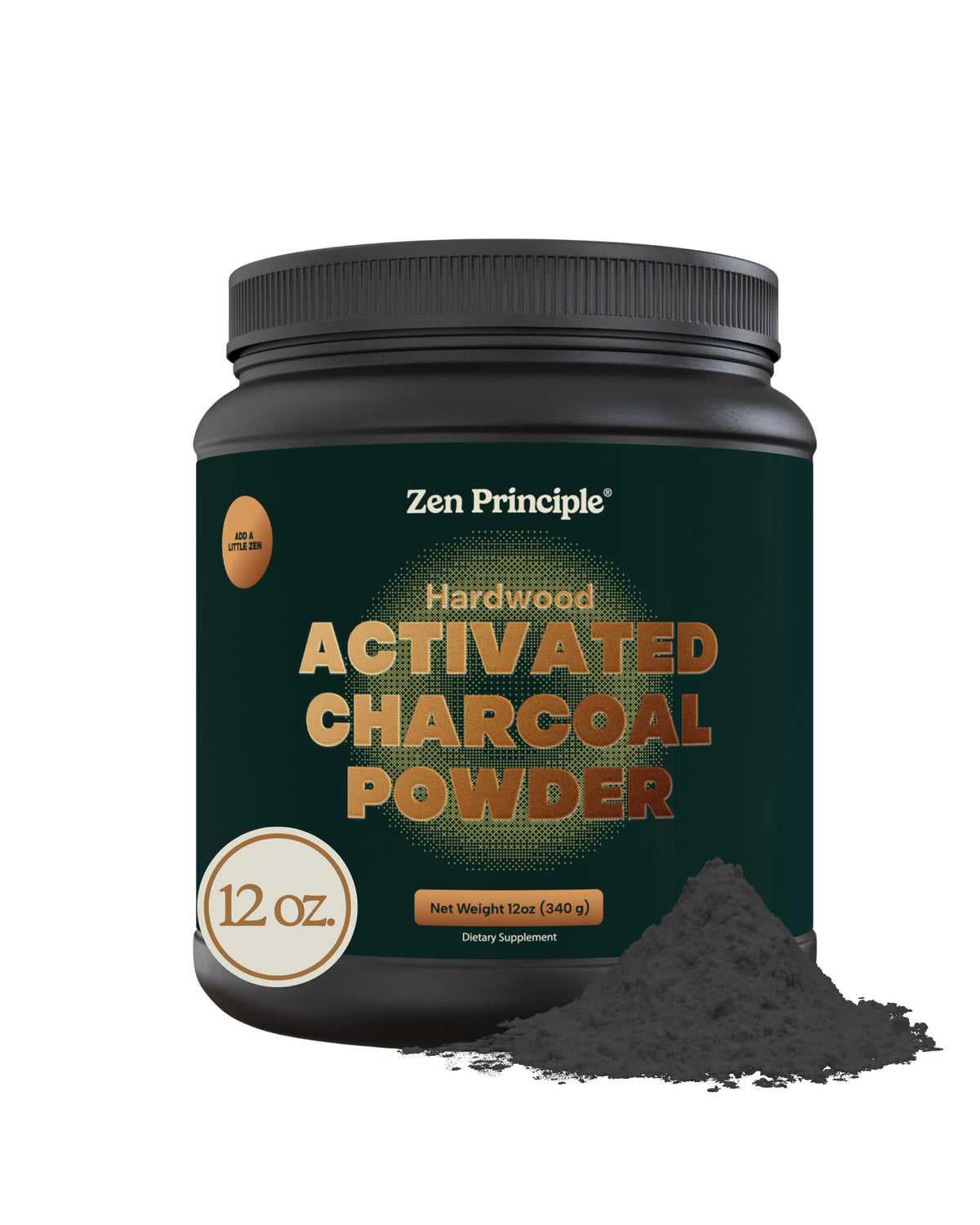 Zen Principle activated charcoal powder container shows purity for whitening teeth and skin care.