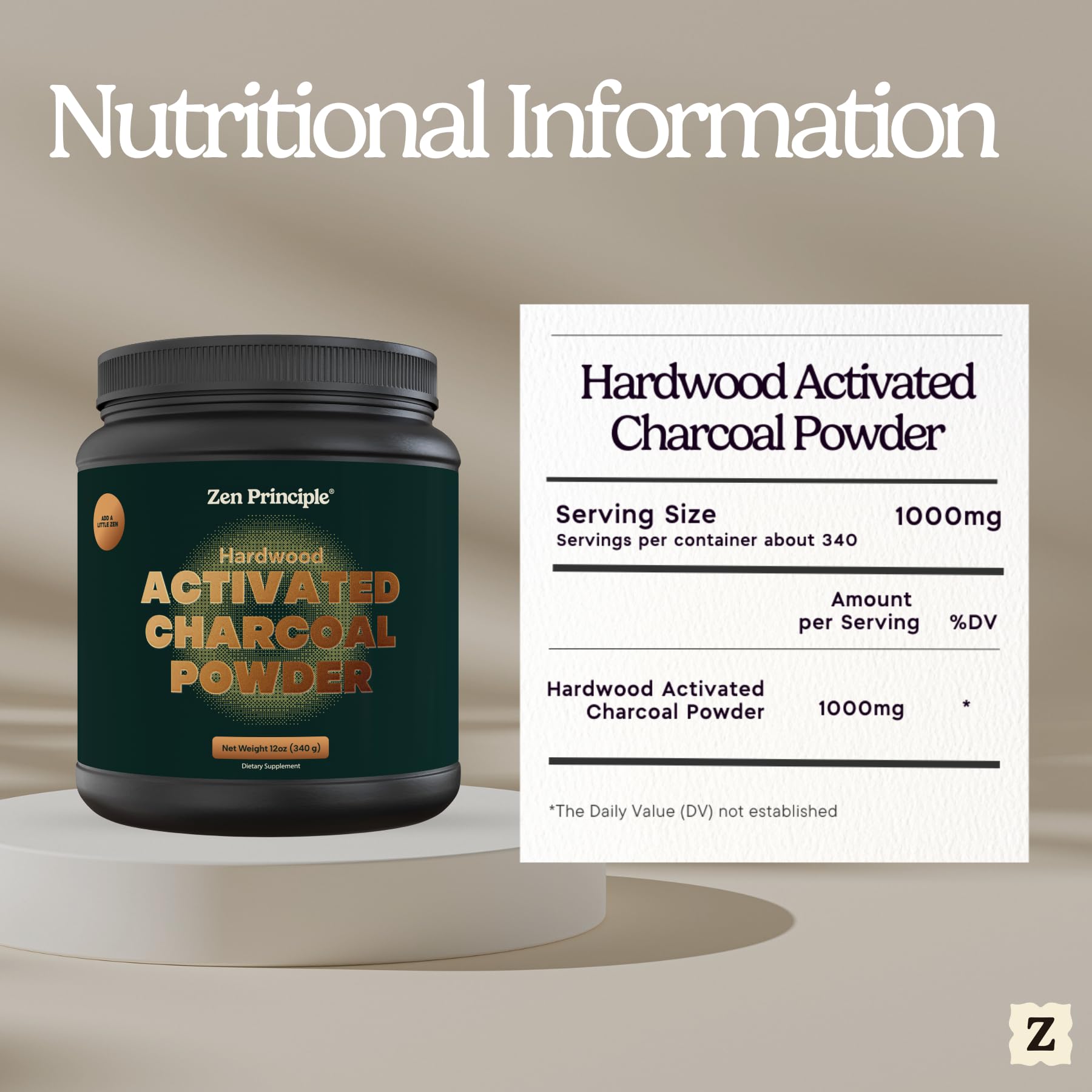 Zen Principle activated charcoal powder USA-made label close-up shows kosher certification.