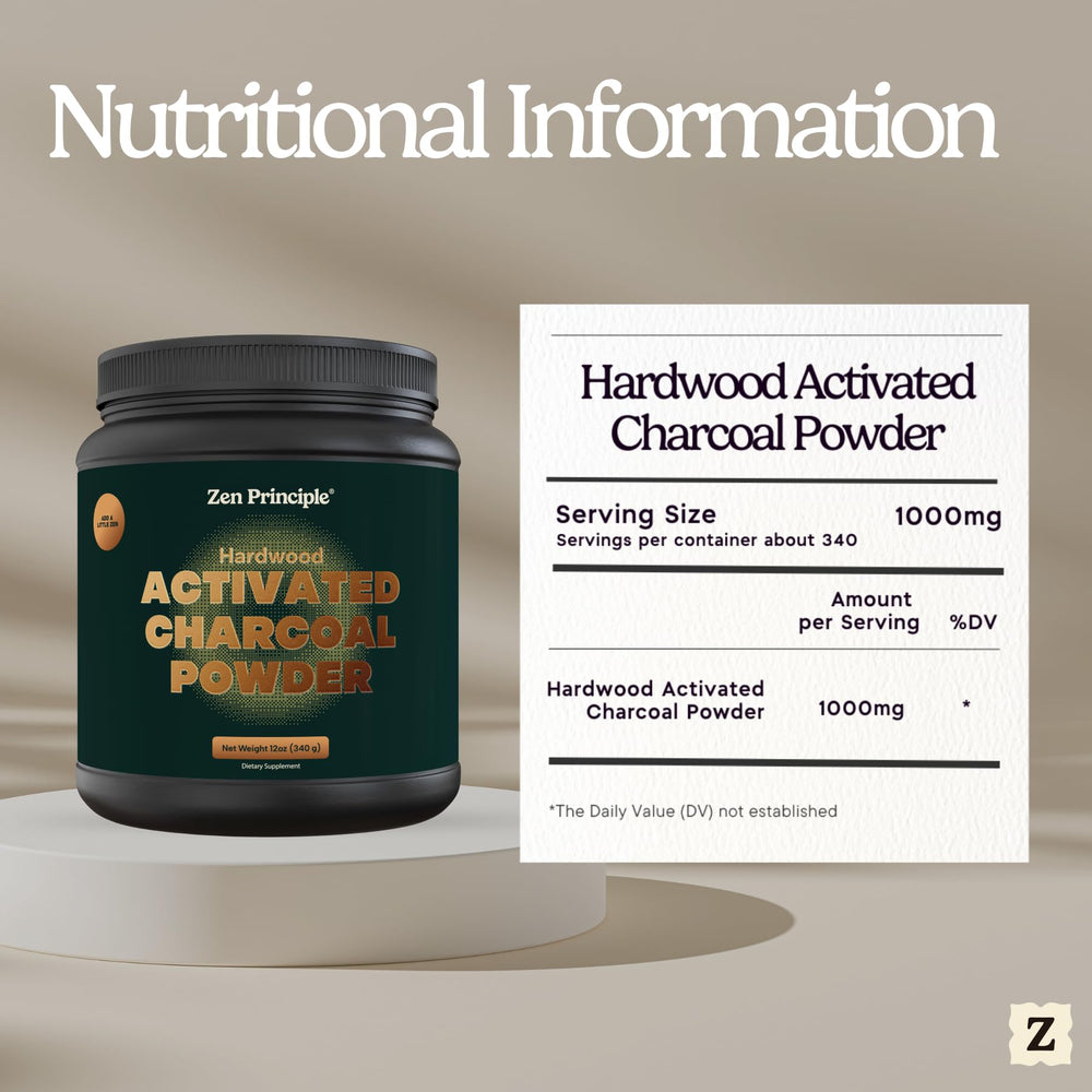 Zen Principle activated charcoal powder USA-made label close-up shows kosher certification.
