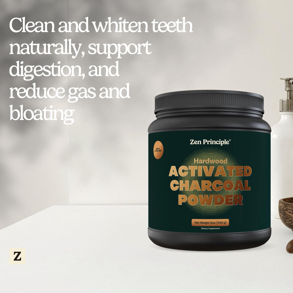Zen Principle activated charcoal powder kitchen-use image highlights versatile cosmetic and culinary prep.