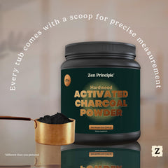 Zen Principle activated charcoal powder pour demonstrates easy mixing for masks or drinks.
