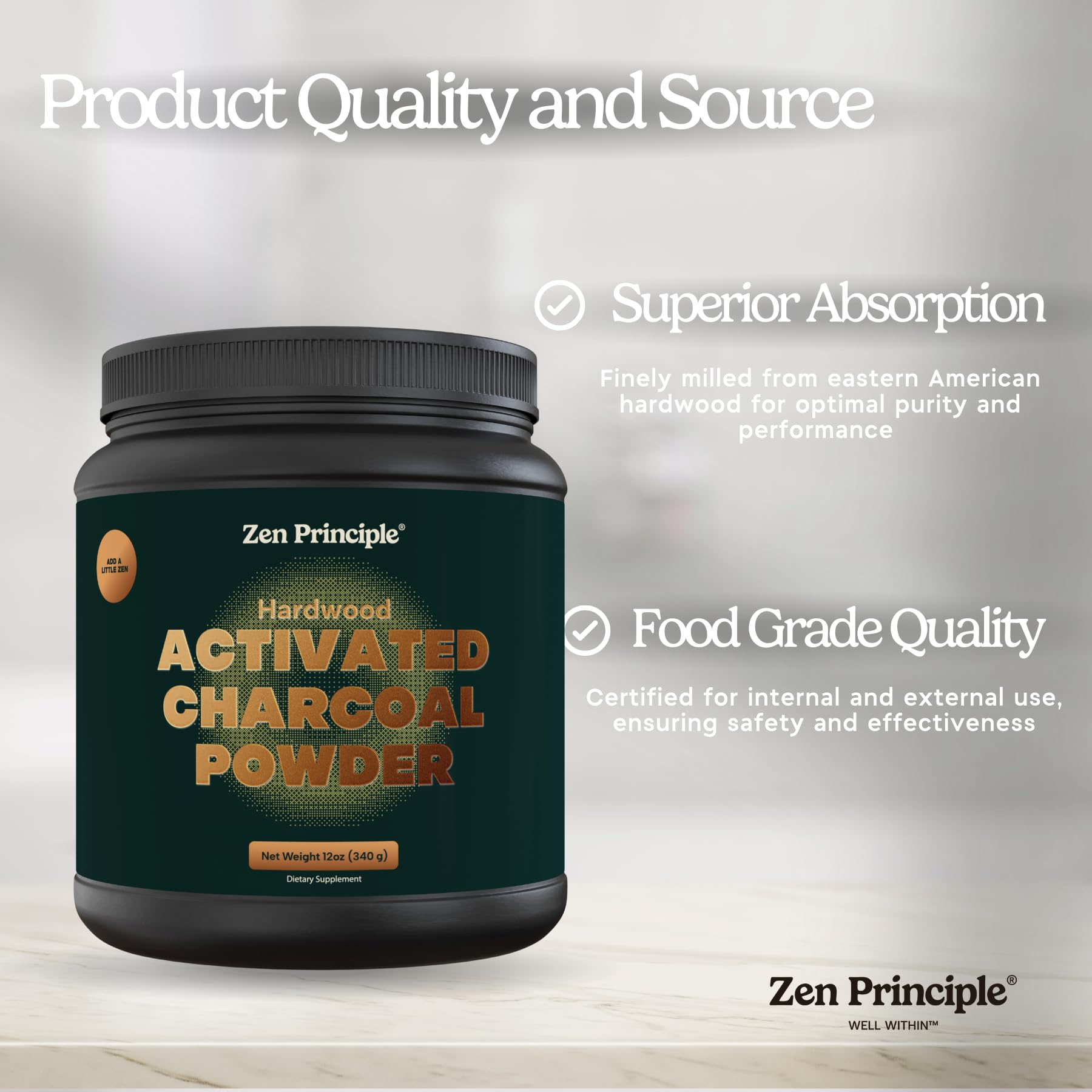 Zen Principle activated charcoal powder skin-care shot emphasizes gentle facial mask benefits.