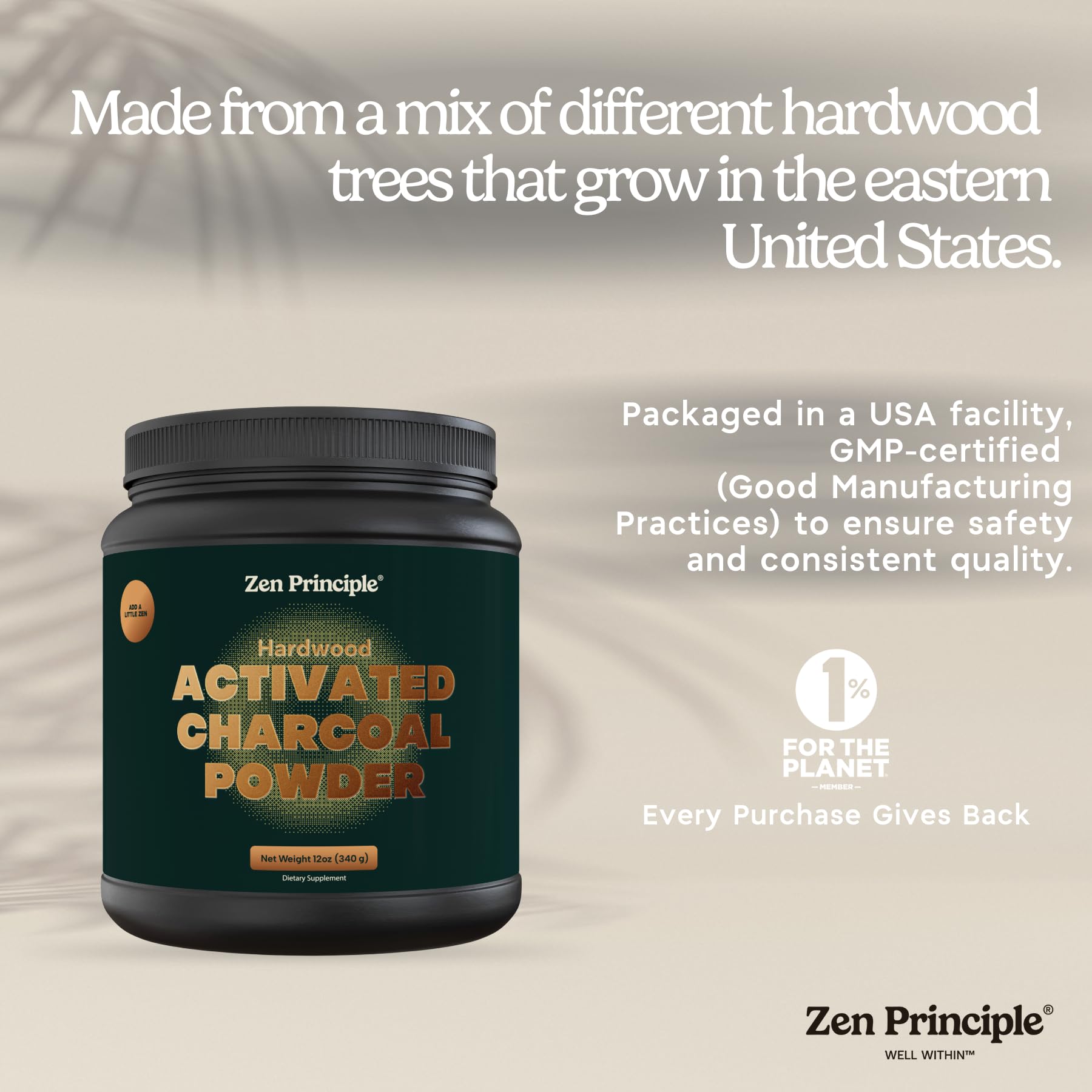 Zen Principle activated charcoal powder eco-packaging image signals sustainable materials.