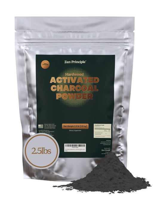 Zen Principle activated charcoal powder in a jar for whitening and detox benefits.