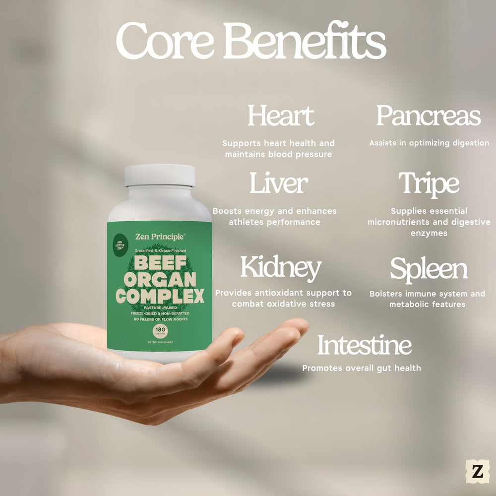 Zen Principle beef kidney desiccated: mineral-rich boost for overall wellness.