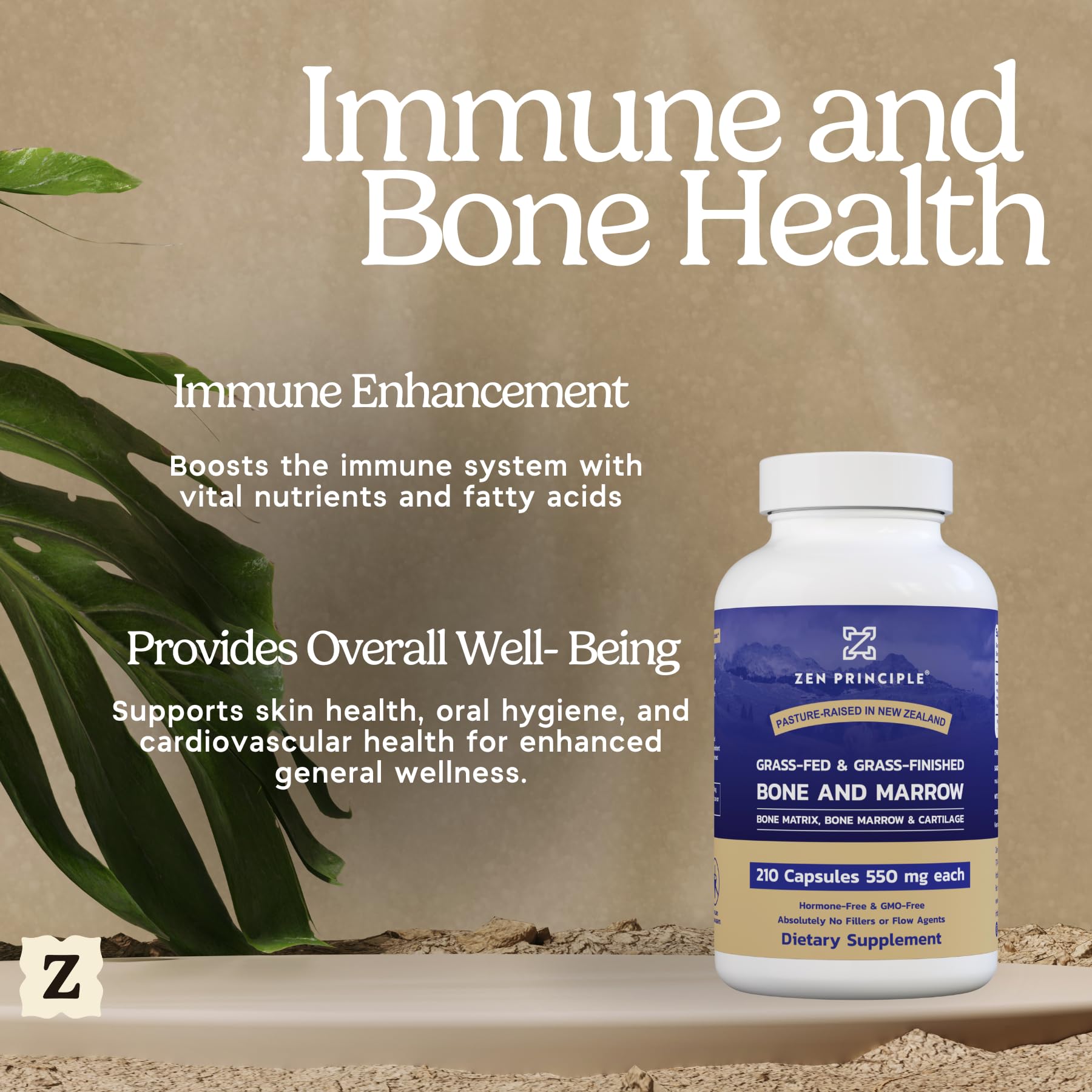 Zen Principle bottle label close-up shows New Zealand grass-fed bone marrow origin.