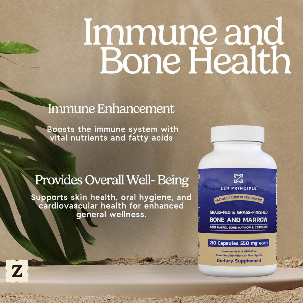 Zen Principle bottle label close-up shows New Zealand grass-fed bone marrow origin.