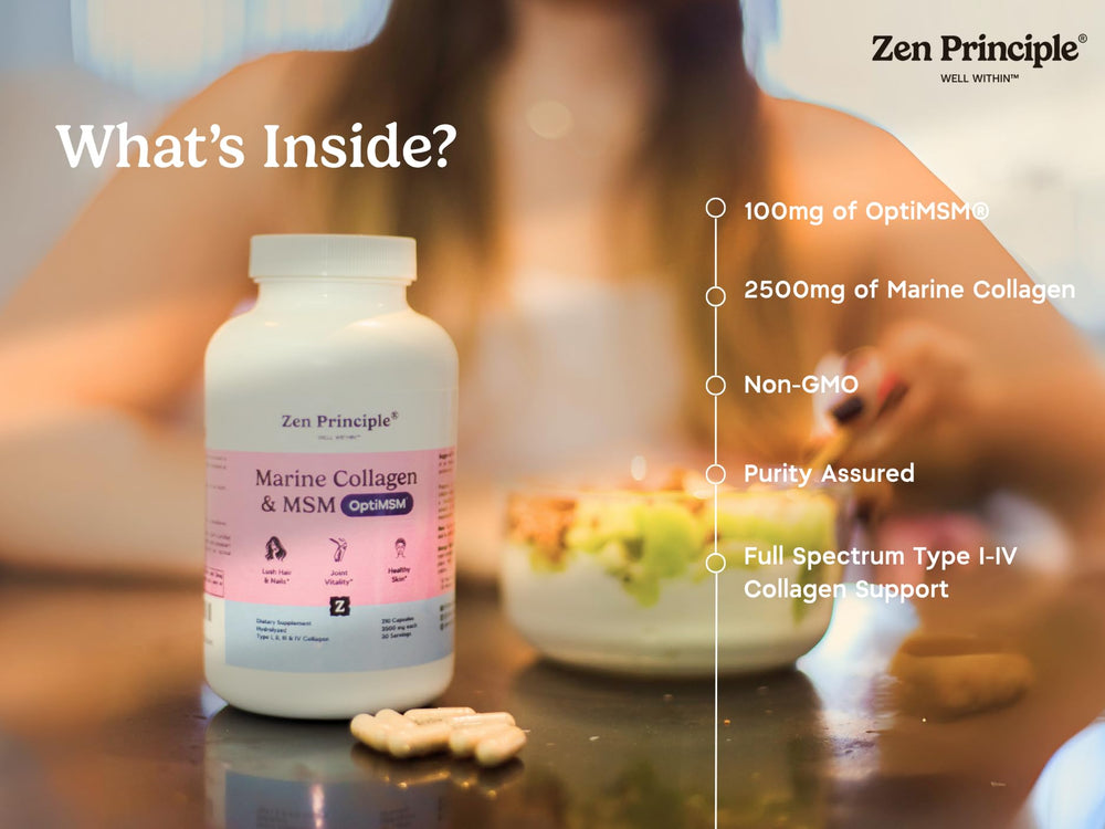 Zen Principle capsules close-up showcasing non-GMO blend for daily wellness.