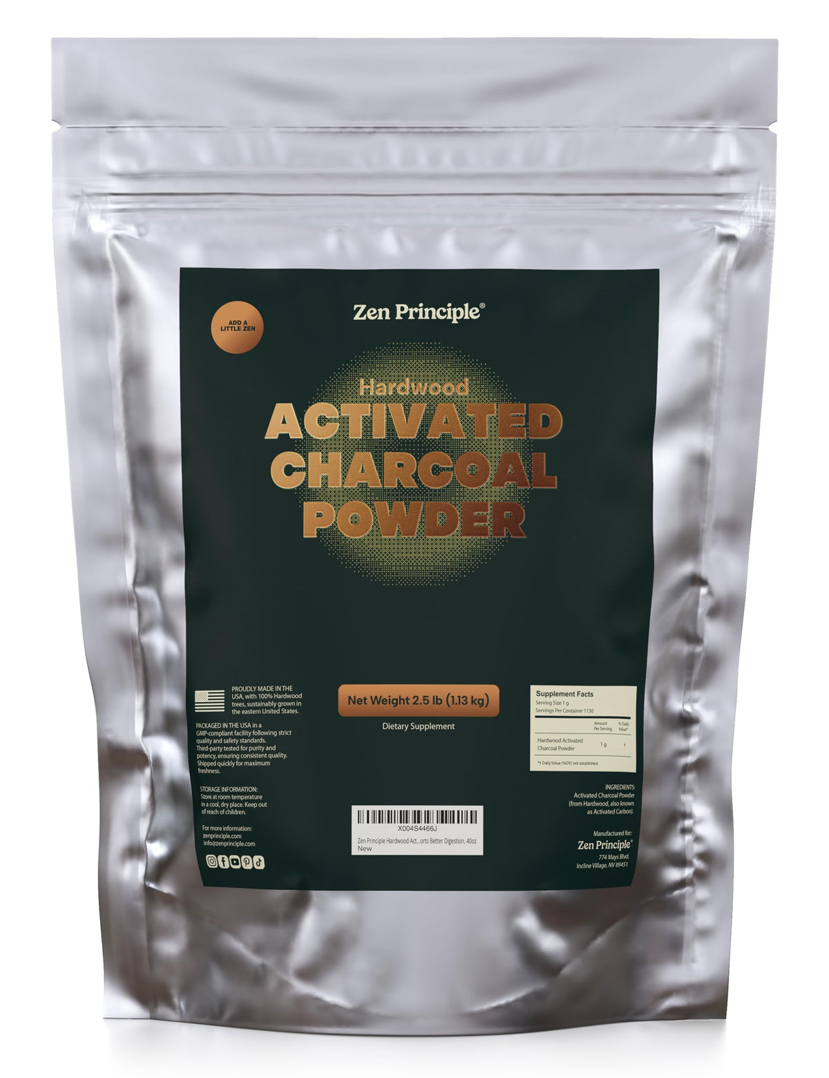 Zen Principle charcoal powder in 40oz packaging for long-lasting at-home use.