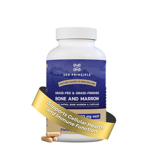 Zen Principle grass-fed beef bone marrow capsules show the capsule form and potency.