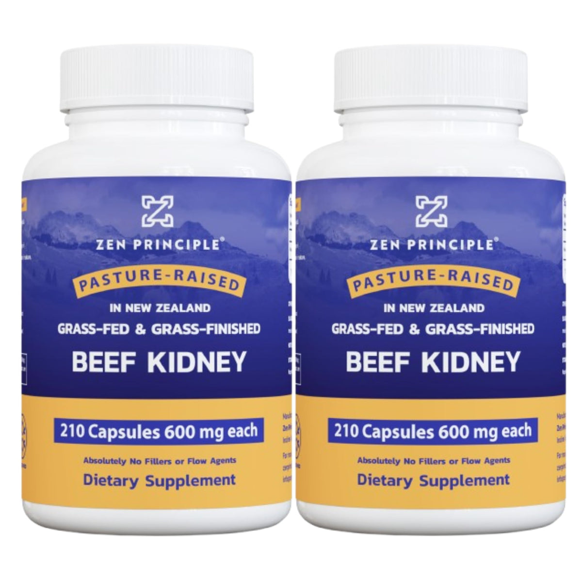Zen Principle Grass-Fed Beef Kidney supplement bottle front shows a clean, pure label for trust and quality.