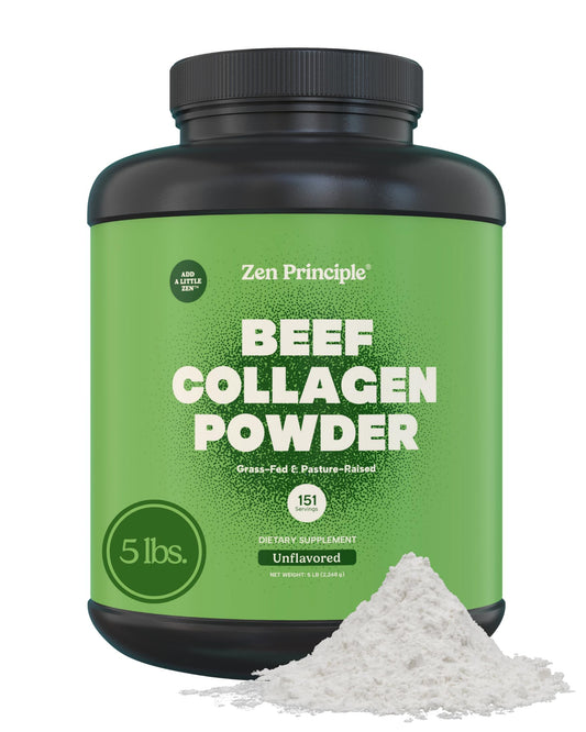 Zen Principle grass-fed collagen jar showing premium powder for hair, skin, and joints.