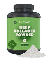 Zen Principle grass-fed collagen jar showing premium powder for hair, skin, and joints.