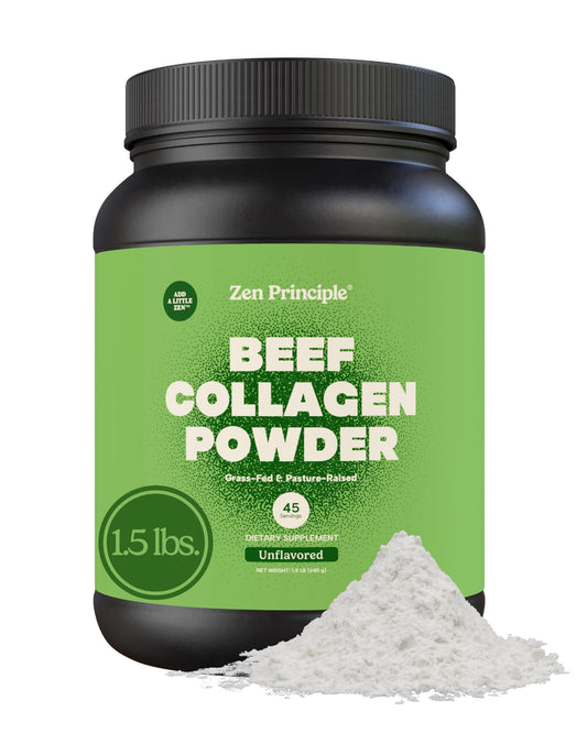 Zen Principle grass-fed collagen powder being poured into water for smooth mixing