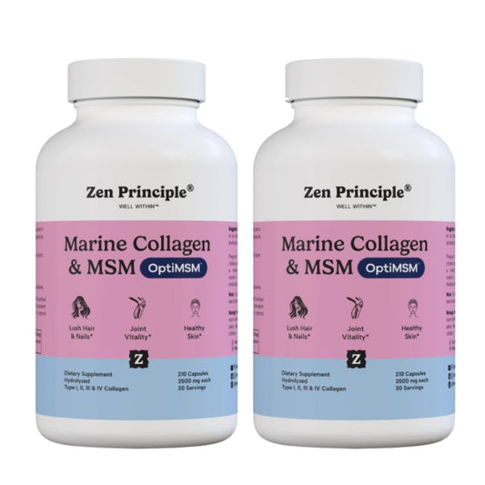 Zen Principle Marine Collagen bottle, sleek packaging for daily skin support.